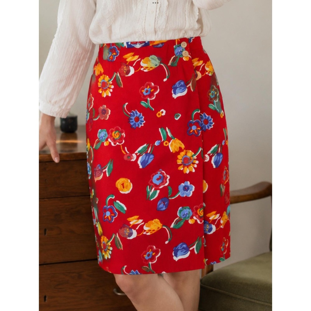 Ruff Hewn Vintage 90s Red Floral Faux Wrap Skirt Cotton Folk Art Retro Womens 14